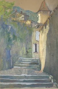 Illegible signed, European street scene xxm: Illegible signed, European street scene xxm. Title: Paris. Medium: Watercolor. Signature: SLR. Framed.