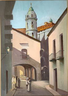 ……Reisman, European scene: ……Reisman, European scene. Glass frame size: 24.50 x 18.50. Title: European street. Medium: Watercolor. Size: 17.50 x 12.50 in. Signature: SLR. Artist: ……. Reisman. Framed.