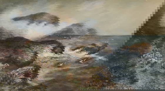 C D, Sheep along coastline, dated 1916: C D, Sheep along coastline, dated 1916. Frame size: 17 x 21.25. Title: Sheep on the Coastal road. Medium: Watercolor and gouache. Size: 7.50 x 13.50 sight in. Signature: SLL. Artist: C D. Framed.