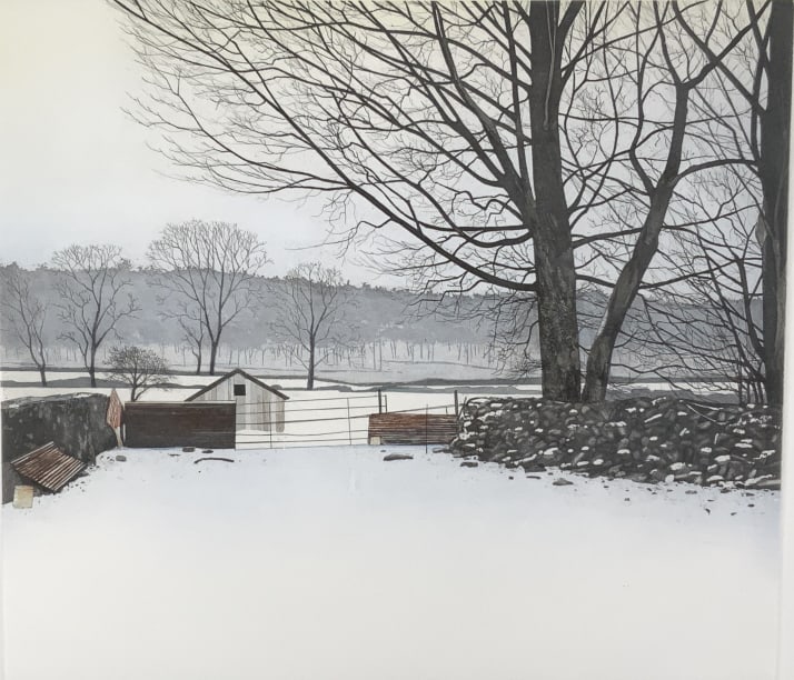 P. Bisson Chicken Coop, 72/150 edition.: P. Bisson Chicken Coop, 72/150 edition.. 72/150 edition, winter stone will, Frame size: 16.50 x 24.25. Title: Stonewall in winter, farm. Medium: Etching. Size: 9.25 x 10.75 sight in. Signature: SLR. A