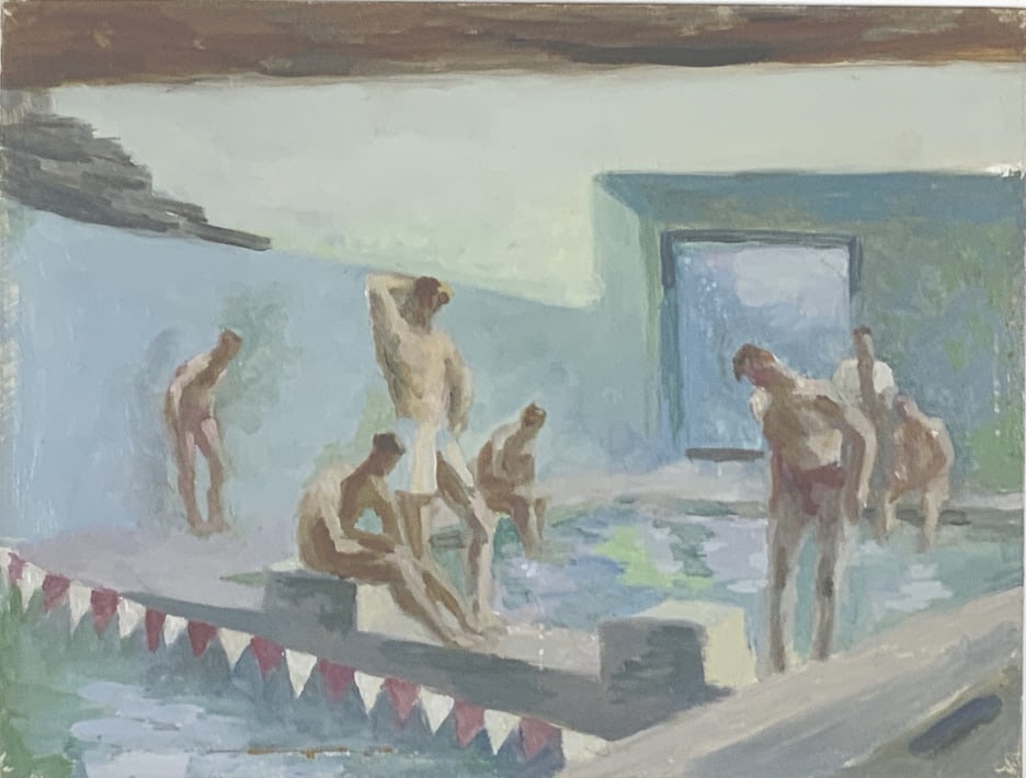 Men at pool, outdoors, May be hot spring pool,: Men at pool, outdoors, May be hot spring pool. Bathhouse Soaking pool, hot spring water probably.. Title: Men at the pool. Medium: Oil on Masonite. Size: 9 x 12 in. Unframed.