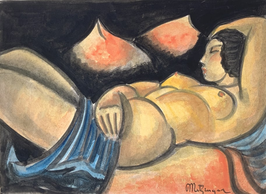 Illegible signed, recline female nude: Illegible signed, recline female nude. Title: Recline nude female model. Medium: Watercolor. Size: 11.50 x 16 in. Signature: Illegible. Artist: Illegible. Unframed.