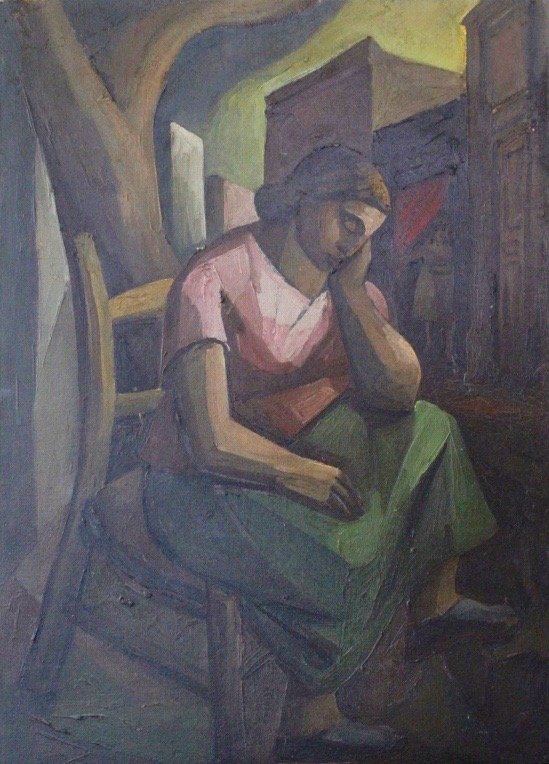 Southwest School: Woman napping in a rocker. Medium: Oil on Board; Signed: Unsigned; Size (inches): 28.50 x 20.75; Framing: Unframed