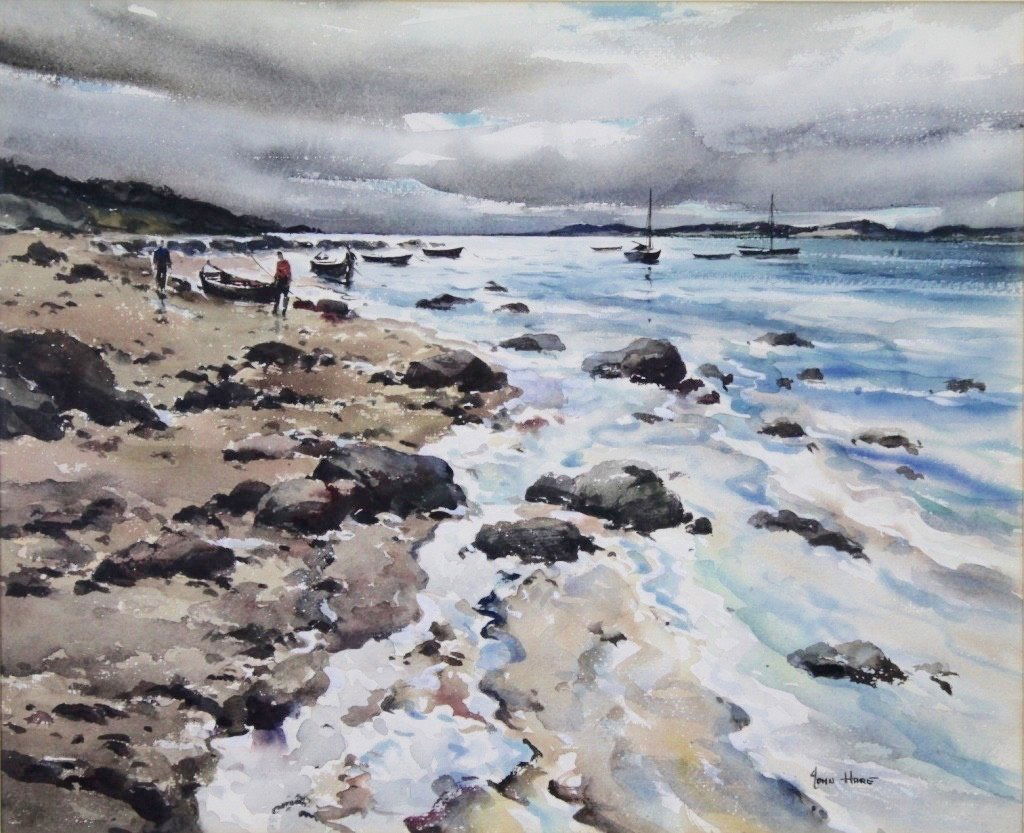 John Cuthbert Hare (1908 - 1978): Coming Ashore. Coastline with boats. Medium: Watercolor; Signed: Signed Lower Right; Size (inches): 15.50 x 19; Framing: Framed