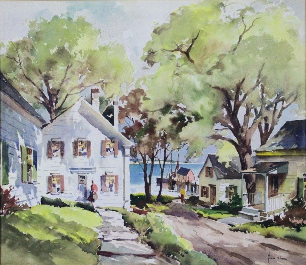 John Cuthbert Hare (1908 - 1978): "Midsummer on the Cape". Houses on the Cape. Provincetown artist Colony. St. Augustine Artist Colony. Medium: Watercolor; Signed: Signed Lower Right; Size (inches): 15.50 x 17.75; Framing: Framed