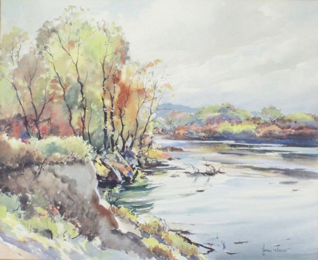 John Cuthbert Hare (1908 - 1978): Autumn scene with river. Medium: Watercolor; Signed: Signed Lower Right; Size (inches): 14.25 x 17.50; Framing: Framed