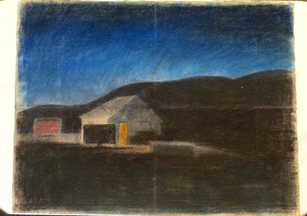 August Mosca (1909 - 2002): House in Leonardo NJ (Blue and Black). Medium: Charcoal; Signed: Signed Lower Right; Size (inches): 20 x 25.50; Framing: Unframed; Provenance: From the artist