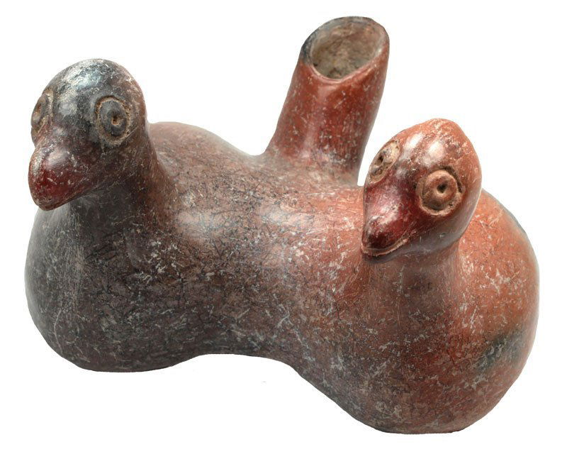 9" Pair of modeled Redware Birds: 9" Pair of modeled Redware Birds. Incised features, flat bottom; rounded body joined in center. Spout in rear. Colima. MX. 250 BC to 250 AD. 1986 Dockstader Appraisal. Dr. Earl Riddick PreColumbian Co