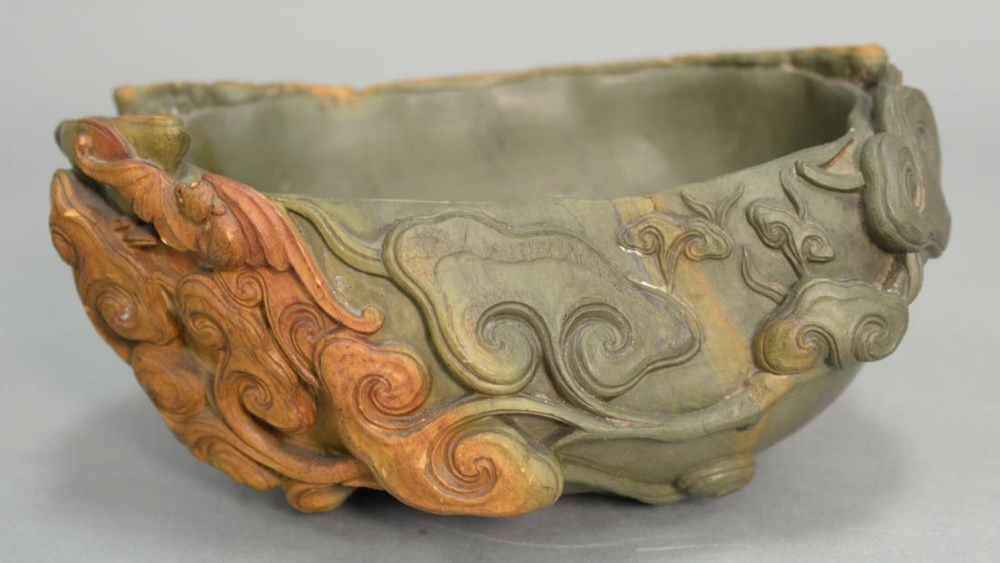 Carved soapstone brush washer carved with lotus and: Carved soapstone brush washer carved with lotus and bats. ht. 3in., lg. 7 1/2in.