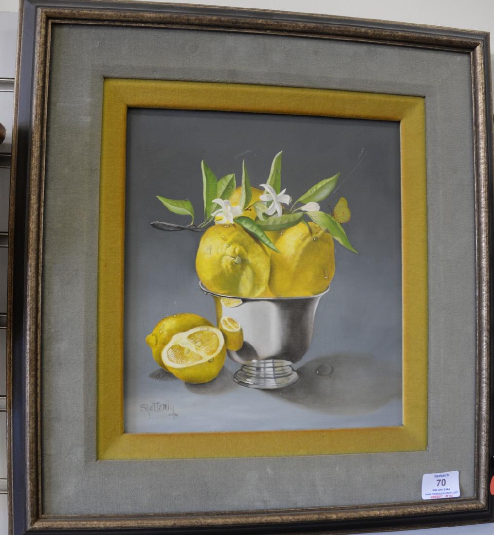 Robert Shetterly (21st Century) oil on board still life: Robert Shetterly (21st Century) oil on board still life of lemons in a silver bowl signed lower left Shetterly. 12" x 10 1/2"