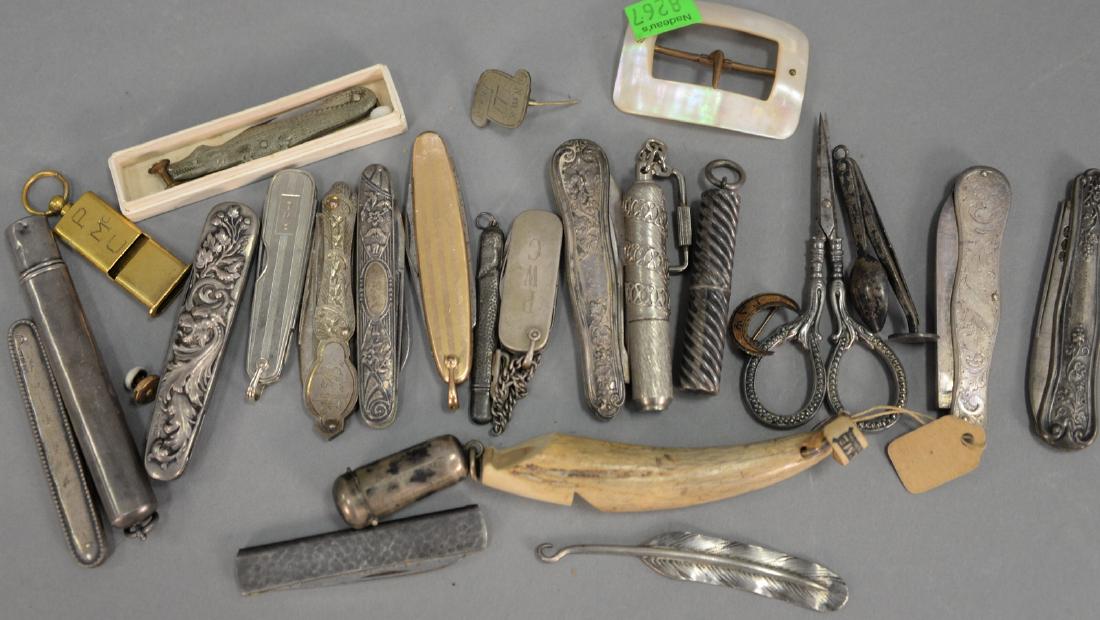 Ten sterling or silver pocketknives retractable pen, (1 of 4)