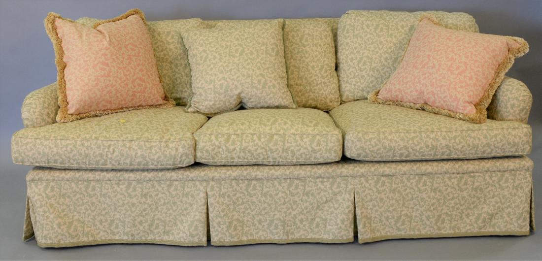 Custom upholstered sofa, green and tan with scrolling (1 of 3)