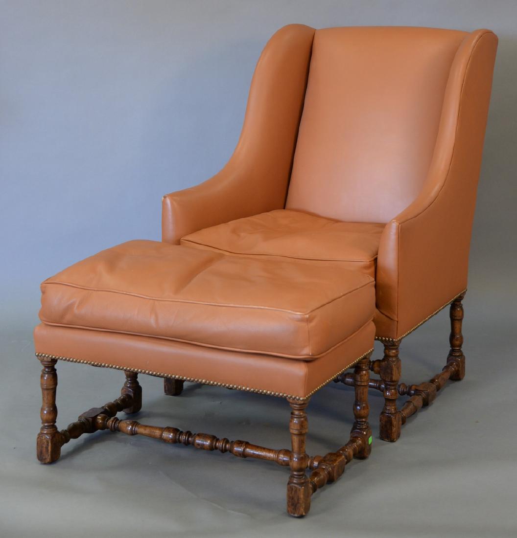 Tan leather Jacobean style wing chair with matching (1 of 4)