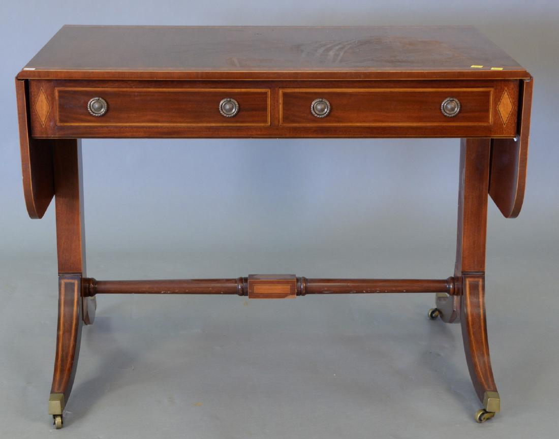 Custom mahogany drop leaf table with banded inlaid top: Custom mahogany drop leaf table with banded inlaid top (surface scratches). ht. 27 1/2in., top closed: 24" x 36"