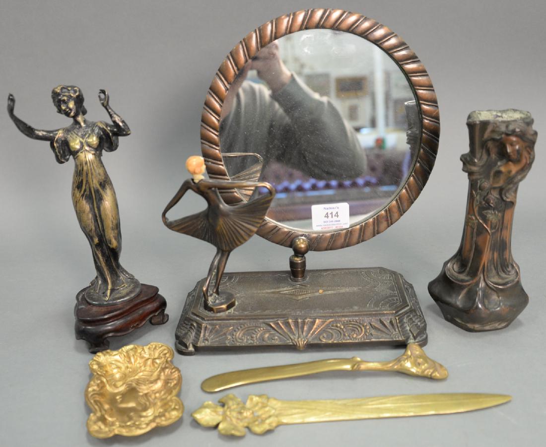 Six art nouveau pieces including two heavy brass art (1 of 3)