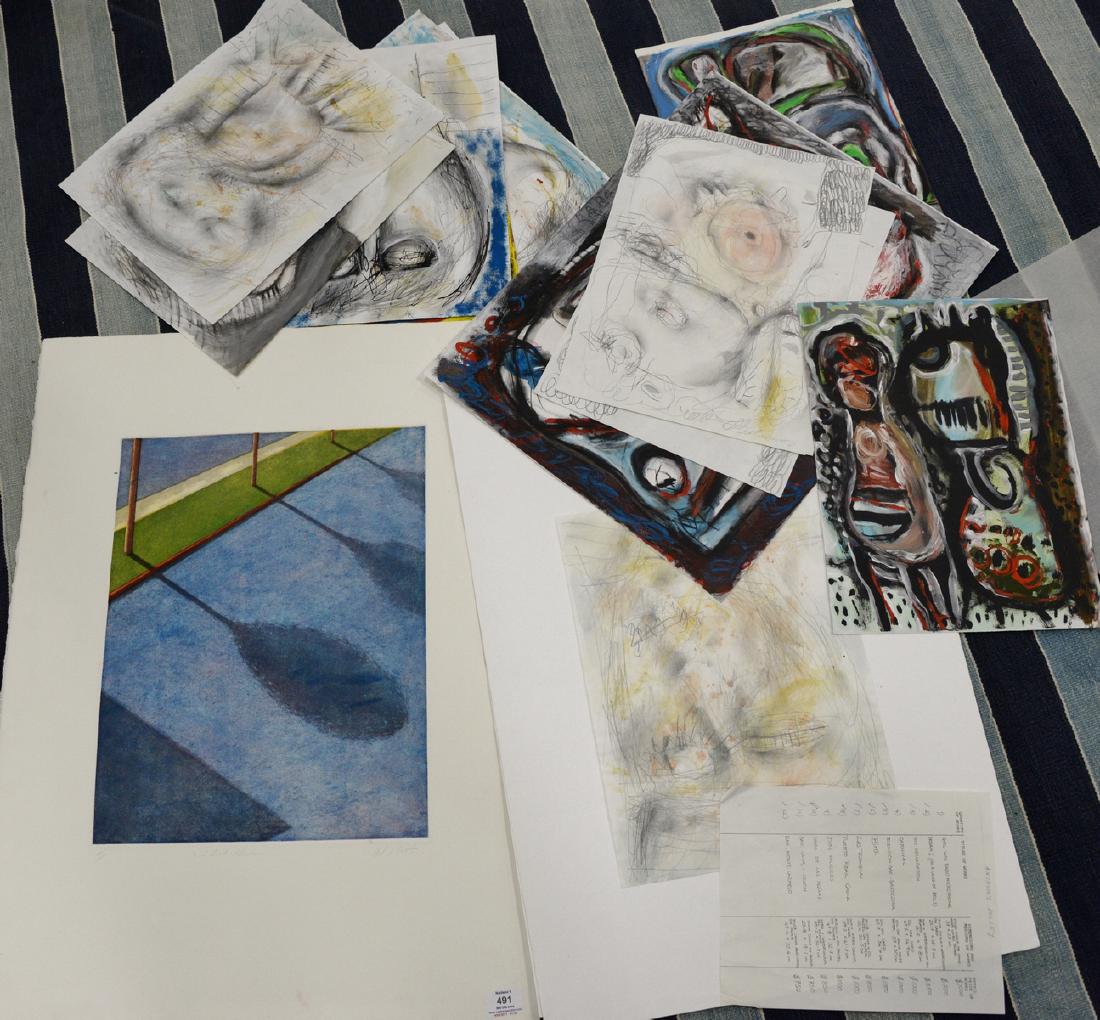 Folder of artwork to include three etchings, pastel on (1 of 7)