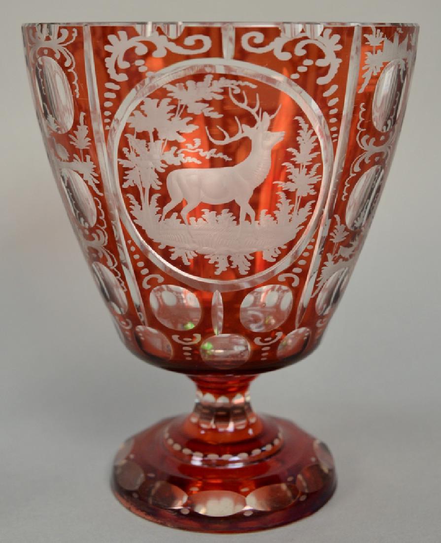 Bohemian ruby cut to clear glass vase etched with stag. (1 of 4)