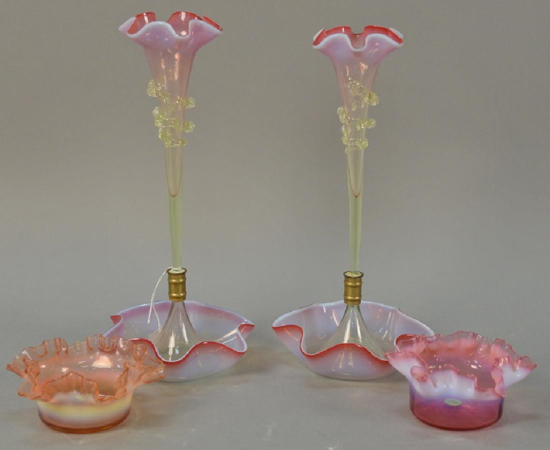 Four piece lot to include two epergnes and two ruffle: Four piece lot to include two epergnes and two ruffle top finger bowls. ht. 14in. dia. 6in.