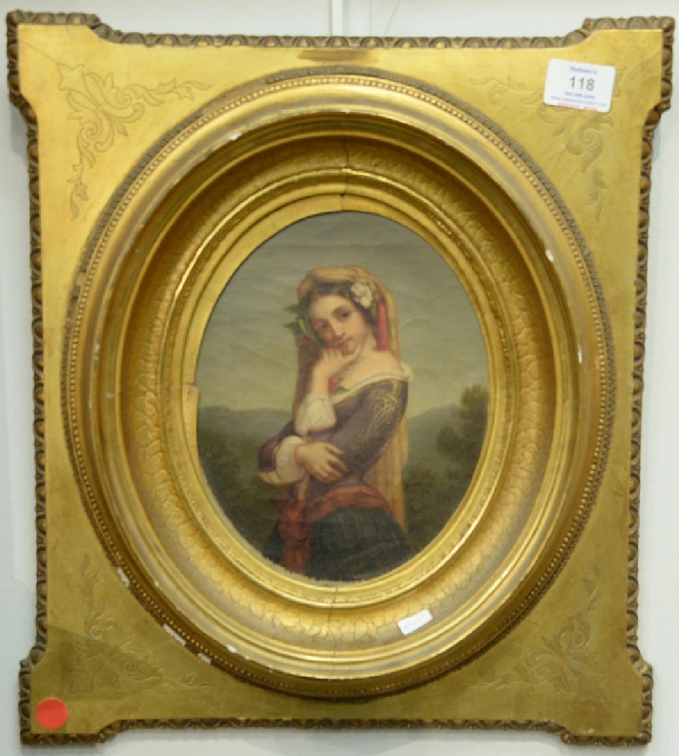 Oval oil on canvas portrait of young woman in gilt: Oval oil on canvas portrait of young woman in gilt frame, 9 1/4" x 7 1/4". Provenance: Collection of Anne Jones Willis and the late John Ralph Willis, New Jersey