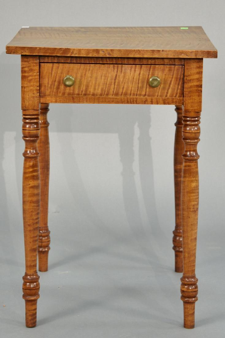 Tiger maple Sheraton one drawer stand. ht. 26 1/2in., (1 of 3)