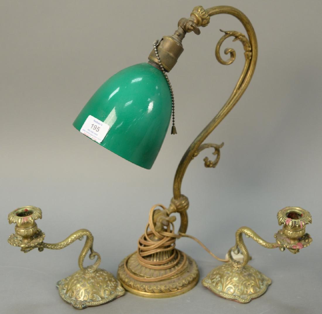 Three piece lot with brass lamp having case glass shade (1 of 4)