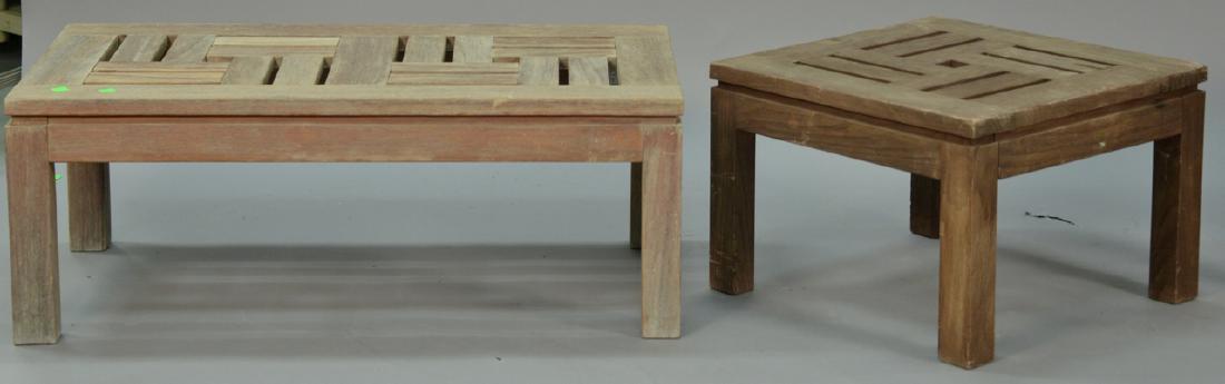 Two Lister teak tables, one coffee and one end table.: Two Lister teak tables, one coffee and one end table. coffee: 20 1/2" x 37 1/2", end: 20" x 20"
