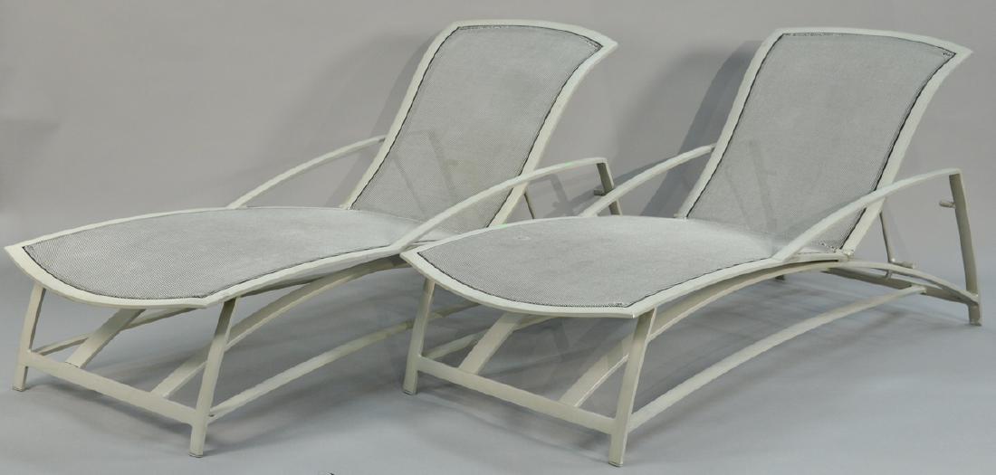Five piece lot to include three Brown Jordan chaises: Five piece lot to include three Brown Jordan chaises with mesh seats, Richard Frinier style along with two side tables (missing glass, imperfection on all chairs). chaise: lg. 74in.