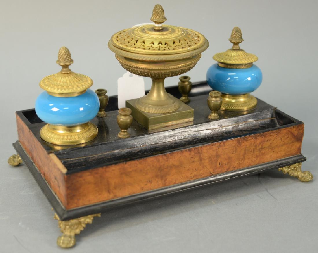 Wood desk set with two blue opaline inkwells plus (1 of 4)