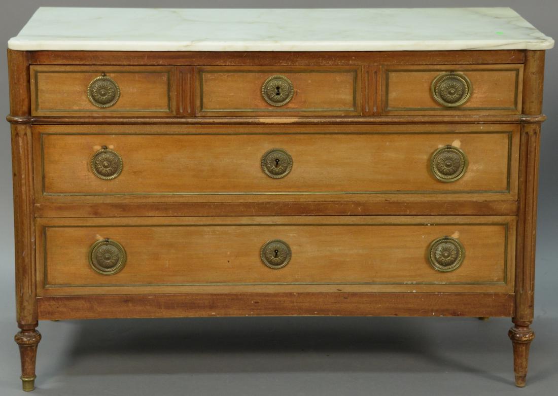 Louis XVI marble top commode with turret corners, 20th: Louis XVI marble top commode with turret corners, 20th century. ht. 33in., wd. 48in.