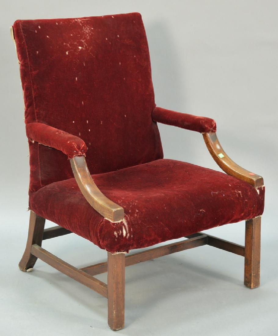 George III mahogany library open armchair on squared: George III mahogany library open armchair on squared legs, 18th century. Provenance: Collection of Anne Jones Willis and the late John Ralph Willis, New Jersey