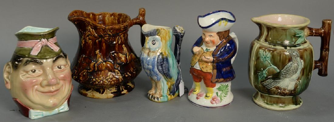 Five piece lot to include Rockingham pitcher with men (1 of 8)