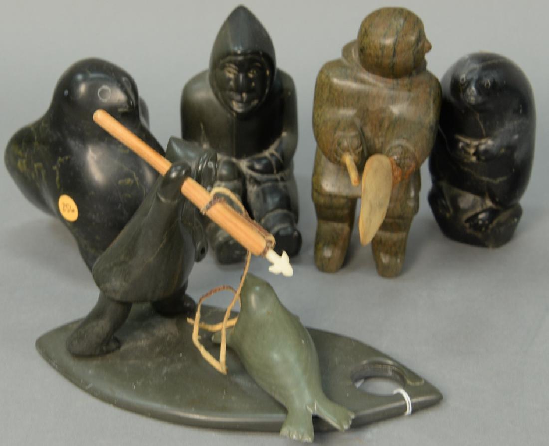 Five Inuit Eskimo figural carvings including dark green: Five Inuit Eskimo figural carvings including dark green serpentine Drum Dancer (Provenance: Gallerie Elca London Montreal, Canada), Allie Appaqaq Jr. (1943) Sanikiluaq green soapstone Bird Spirit Hunt