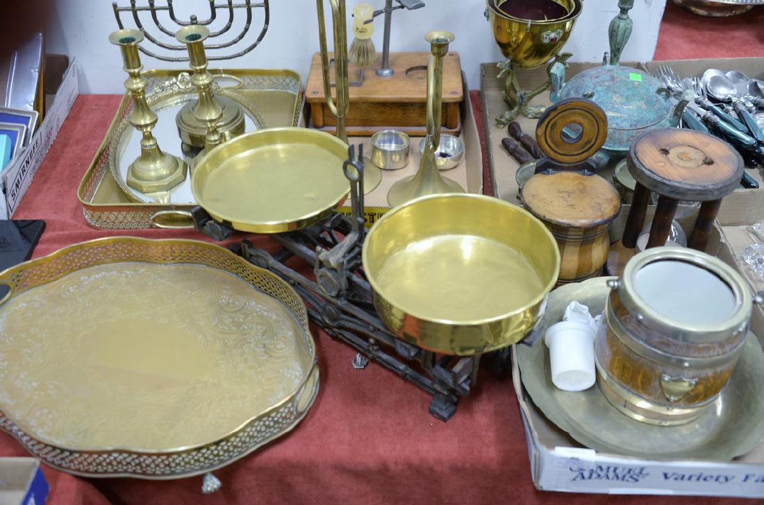 Group of brass and wood items to include a pair of push (1 of 4)