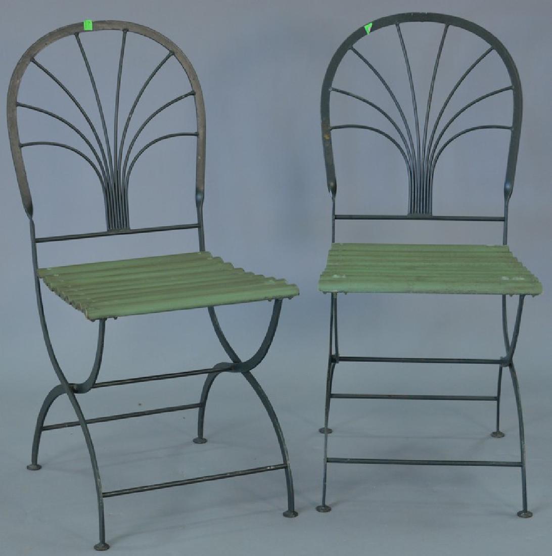 Set of nine iron and wood slat seat folding chairs, one (1 of 4)