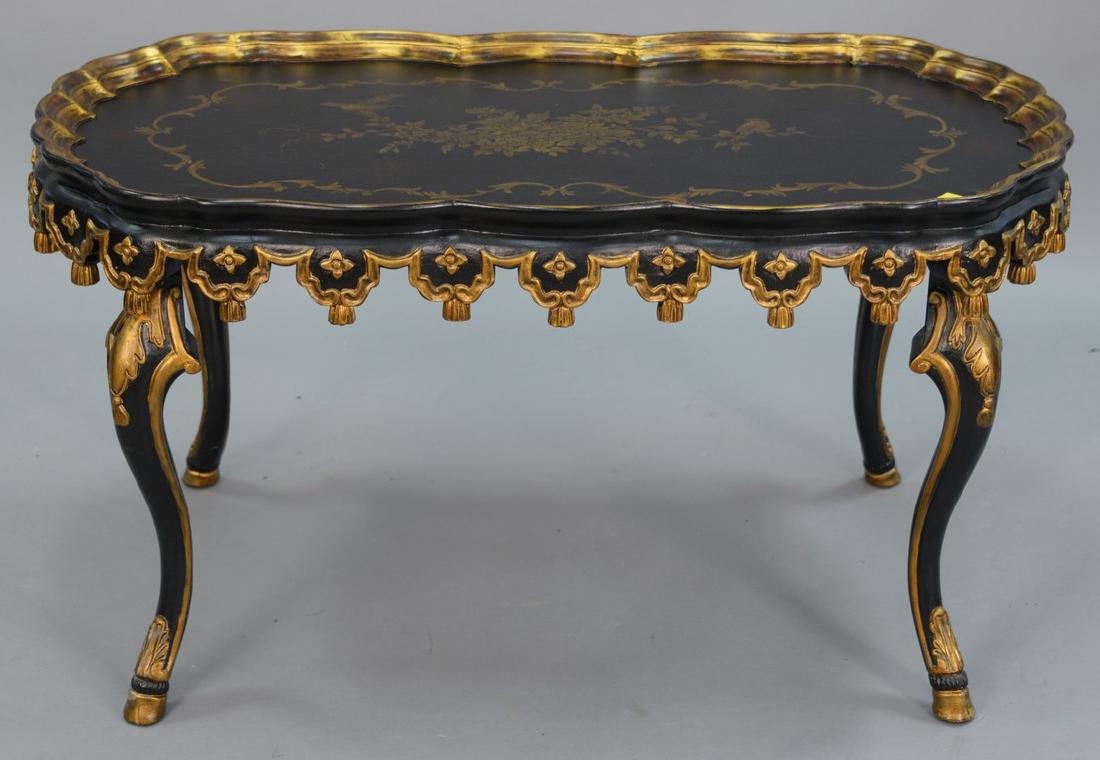 Black and gold faux tray top coffee table. ht. 22in., (1 of 4)