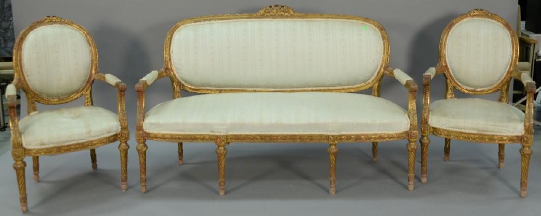 Louis XVI three piece suite to include canape with gilt (1 of 6)