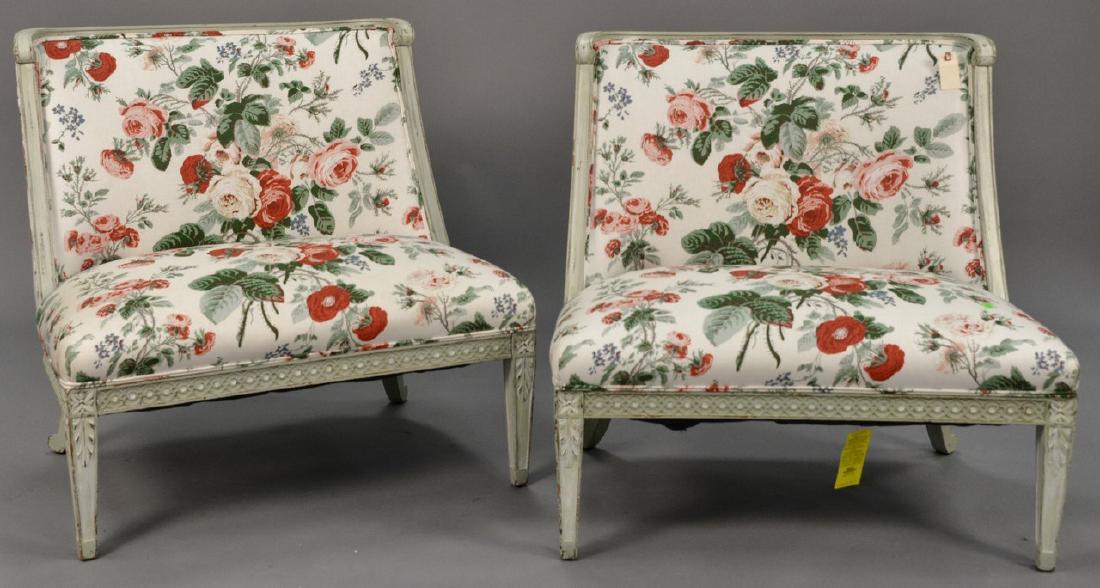 Pair of Louis XVI style custom chairs in green paint. (1 of 5)