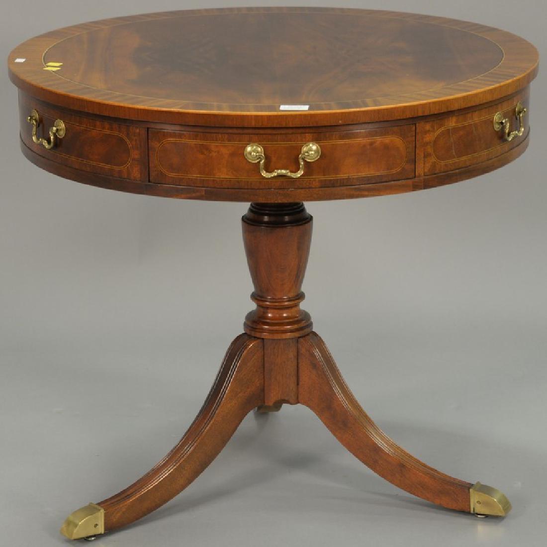 Baker mahogany drum table with two drawers. ht. 27in., (1 of 4)