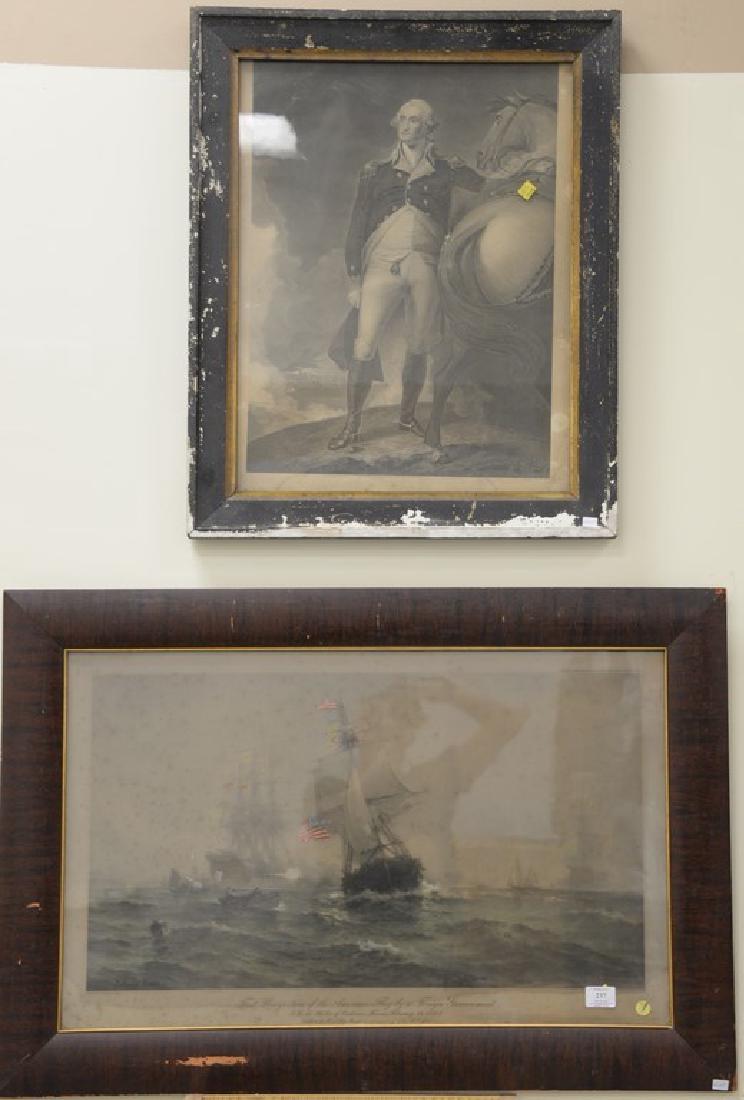 Three large engraving lithographs including hand: Three large engraving lithographs including hand colored lithograph First Recognition of the American Flag by a Foreign Government (ss 20" x 30"), Washington engraved by T. Kelly after Gilbert Stuart