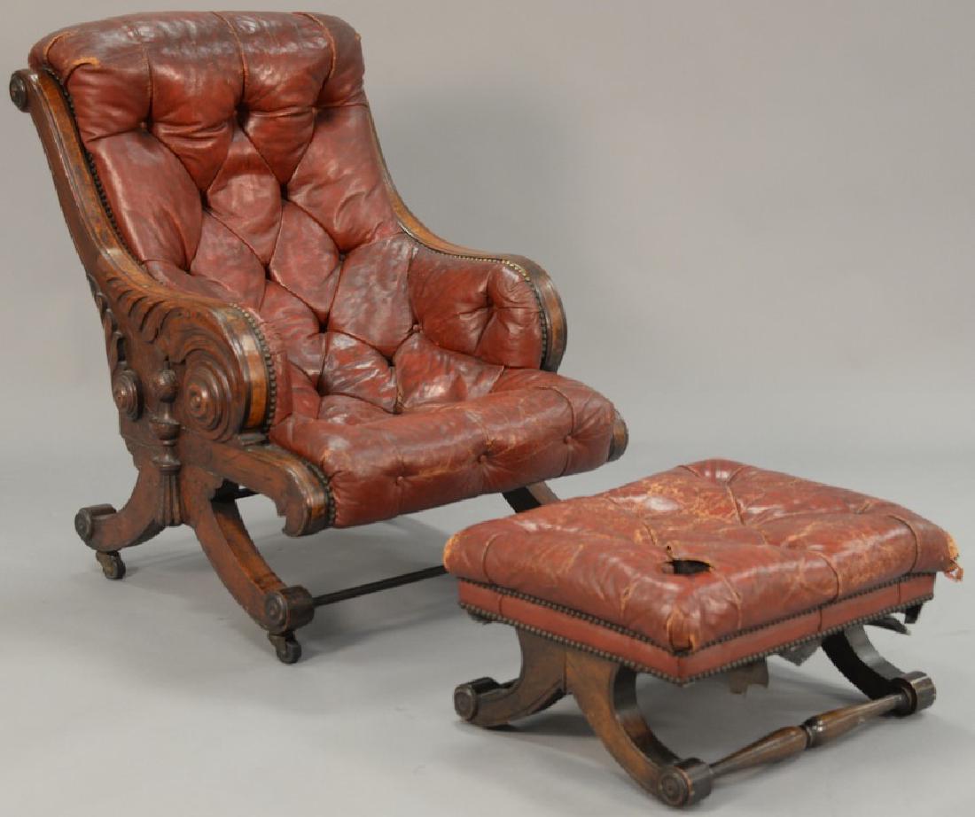 Victorian carved walnut easy chair in tufted leather up (1 of 4)