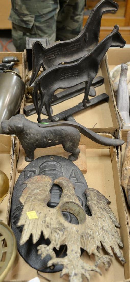 Two box lots of iron and metal including two horse: Two box lots of iron and metal including two horse doorstops, five still banks, etc. Provenance: Estate of Arthur C. Pinto, MD