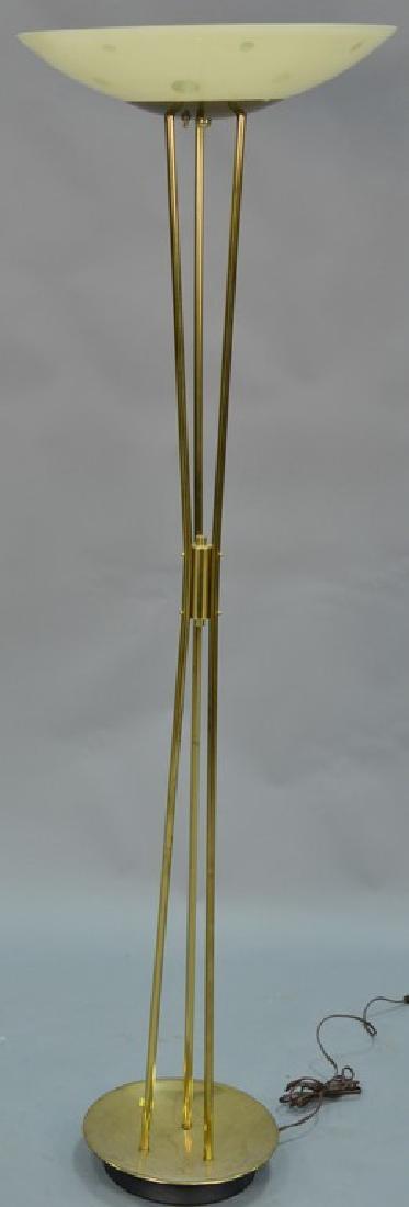 Brass tripod torchiere lamp, shade signed Gill LS. ht. (1 of 4)