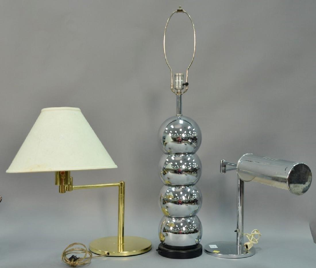 Three lamps including Ball lamp George Kovacs Sonneman,: Three lamps including Ball lamp George Kovacs Sonneman, two swing arm desk lamps (one chrome and one ball), and one tall lamp with reeded shade. ht. 14in., 19in., & 33in.