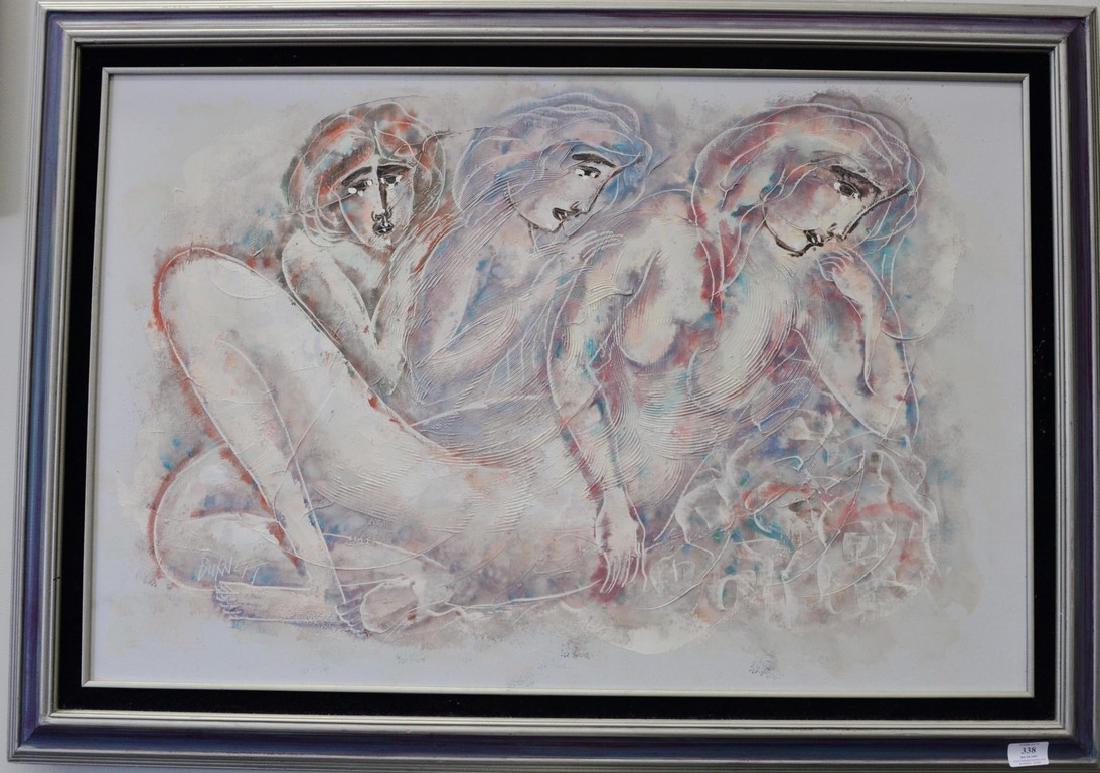 Calvin Waller Burnett (1921-2007), oil on canvas, Three: Calvin Waller Burnett (1921-2007), oil on canvas, Three Nude Figures, signed lower left: Burnett, 24" x 36".