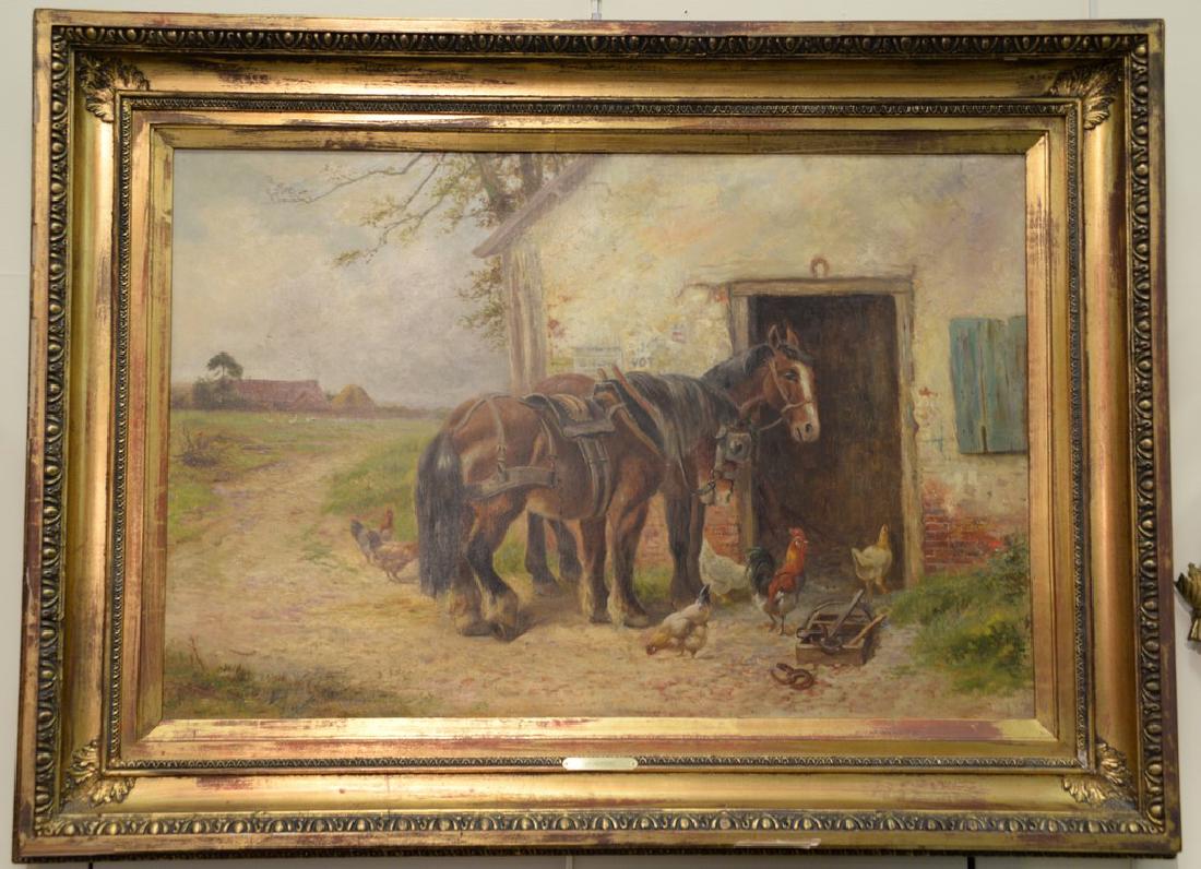 Oil on canvas Barnyard with Two Working Horses and: Oil on canvas Barnyard with Two Working Horses and Chickens with attribution to J.F. Herring 24" x 36"