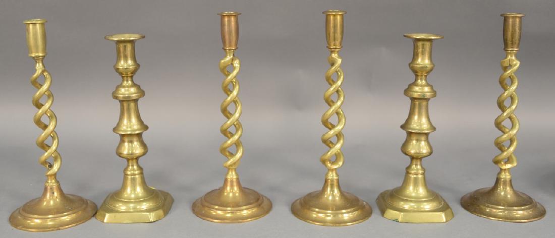 Three pairs of brass candlesticks including two pairs (1 of 5)
