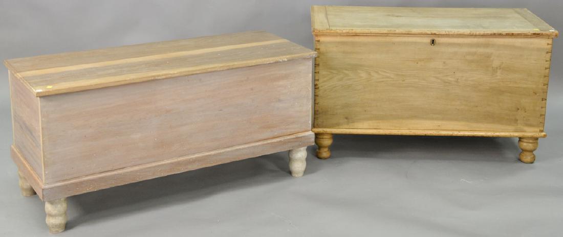 Two lift top blanket chests on turned legs. ht. 25in.,: Two lift top blanket chests on turned legs. ht. 25in., top: 20" x 43" and ht. 23in., top: 20" x 47"