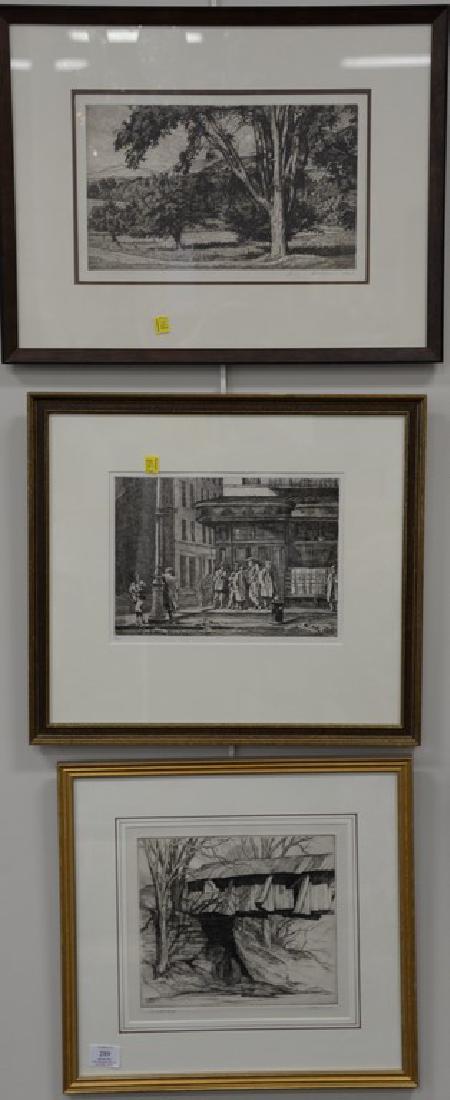 Three etchings to include Reginald Marsh (1898-1954),: Three etchings to include Reginald Marsh (1898-1954), reprint etching, Tenth Ave at 27th St. 1931; Luigi Lucioni etching, Beyond the Elm; and Thomas Nason etching, Cummington Bridge. (7 1/2" x 12 3/4"