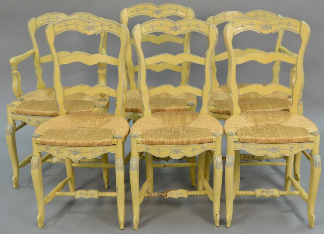 Set of six rush seat chairs, two with arms. (1 of 5)