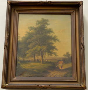 Jan Evert Morel II (1835-1905) oil on canvas, pair of: Jan Evert Morel II (1835-1905) oil on canvas, pair of framed country road landscapes, one signed lower left and other signed lower right: J.E. Morel II.